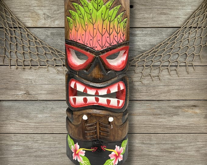 Island Warrior Tiki Mask with Plumeria Flowers Primitive Wooden Tribal Hand Painted Wall Art Coastal Bar Beach House Decor