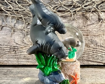 Hand-Painted River Bottom Resin and Glass Diving Manatee Mother and Calf Water Globe