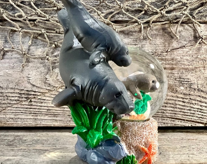Hand-Painted River Bottom Resin and Glass Diving Manatee Mother and Calf Water Globe