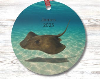 Personalized Stingray Ornament Underwater Sea Life Coastal Gift for Him or Her Tree Mirror or Beach House Decor Round Keepsake