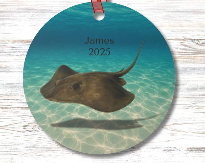 Personalized Stingray Ornament Underwater Sea Life Coastal Gift for Him or Her Tree Mirror or Beach House Decor Round Keepsake