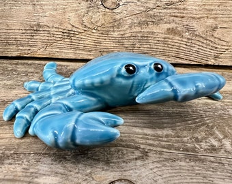 Playful Blue Glazed Ceramic Crab Tabletop Figurine