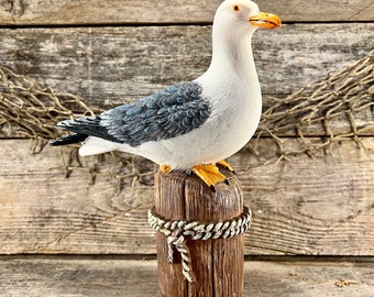 Realistic Seagull On Post with Nautical Rope Accent Hand-Painted Resin Statue