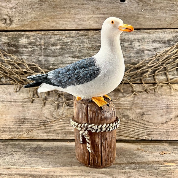 Realistic Seagull On Post with Nautical Rope Accent Hand-Painted Resin Statue