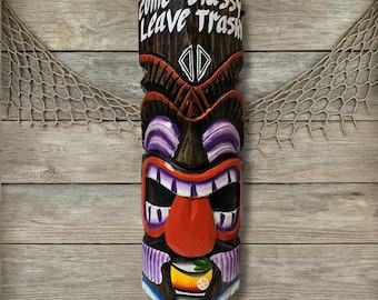 Funny Tiki Mask Wall Decor, "Come Classy Leave Trashy" Tropical Bar Sign
