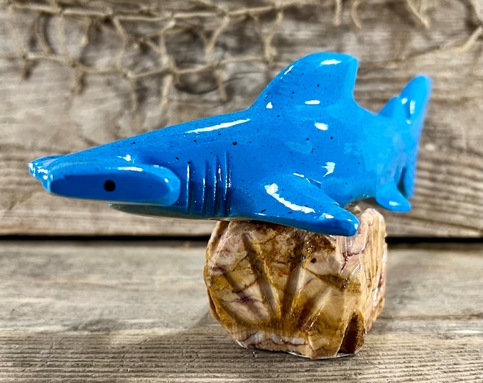 Blue Hammerhead Shark Handmade Marble Figurine On Natural Marble Base