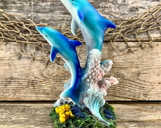 Resin Bottlenose Dolphin Pair On Sparkling Coral Reef with Ocean Wave Statuette