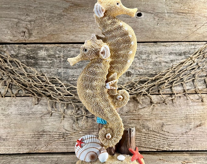 Sand and Seashellsu Seahorse Duo with Starfish On Ocean Wave Statue