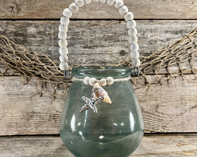 Handmade Decorative Opaque Green Glass Coastal Beaded Handle Jar with Starfish  and Seashell Embellishment