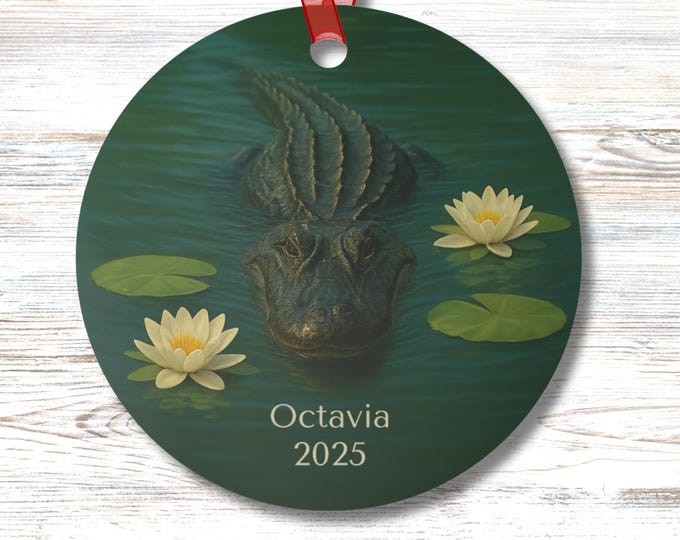 Alligator Ornament Personalized Front Round Metal Ornament Southern Swamp Pond Decor Gator Ornament with Water Lilies Double Sided