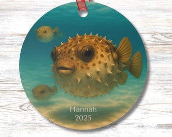 Personalized Puffer Fish Ornament Coastal Sea Life Decor for Tree Mirror or Car Funny Gift for Him Her Beach Vacation Keepsake Year Round