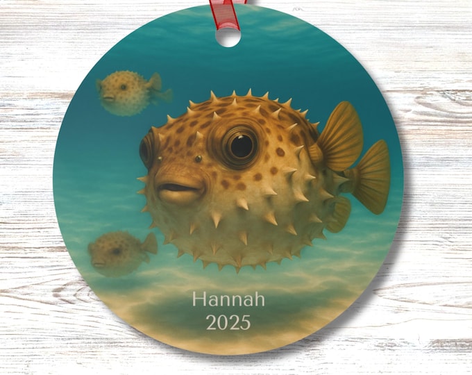 Personalized Puffer Fish Ornament Coastal Sea Life Decor for Tree Mirror or Car Funny Gift for Him Her Beach Vacation Keepsake Year Round