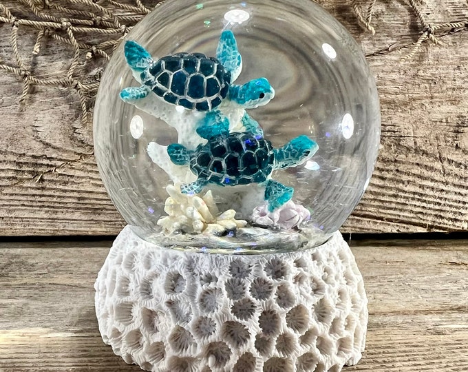 Blue Sea Turtle Couple Swimming On Coral Reef with Yellow Sea Anemone Resin and Glass Water Globe On Coral Base