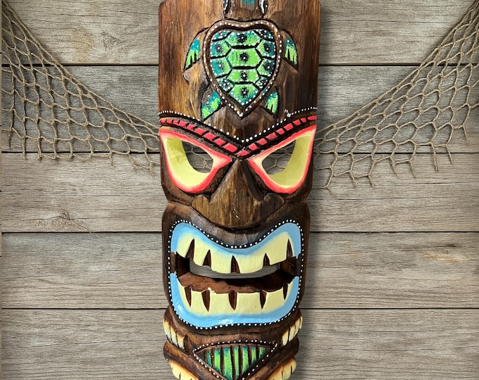 Hand-Painted Sea Turtle Tiki Mask: Tropical Island Coastal Decor