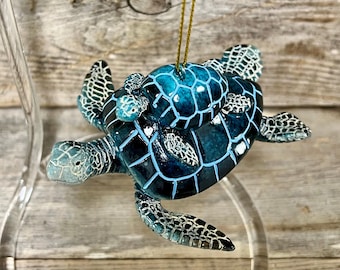 Blue Sea Turtle Ornament Mother and Baby Coastal Nautical Beach House Decor Ocean Lover Gift Marine Life Christmas Tree Hanging Decoration