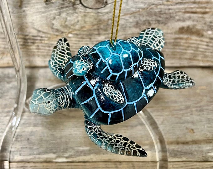 Blue Sea Turtle Ornament Mother and Baby Coastal Nautical Beach House Decor Ocean Lover Gift Marine Life Christmas Tree Hanging Decoration