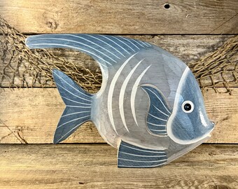Large Hand-Painted Blue and White Carved Wood Angelfish Tabletop Sculpture