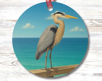 Blue Heron Ornament Coastal Wildlife Decor Fred the Heron from Navarre Round Metal Ocean Bird Ornament Beach Nature Gift Idea