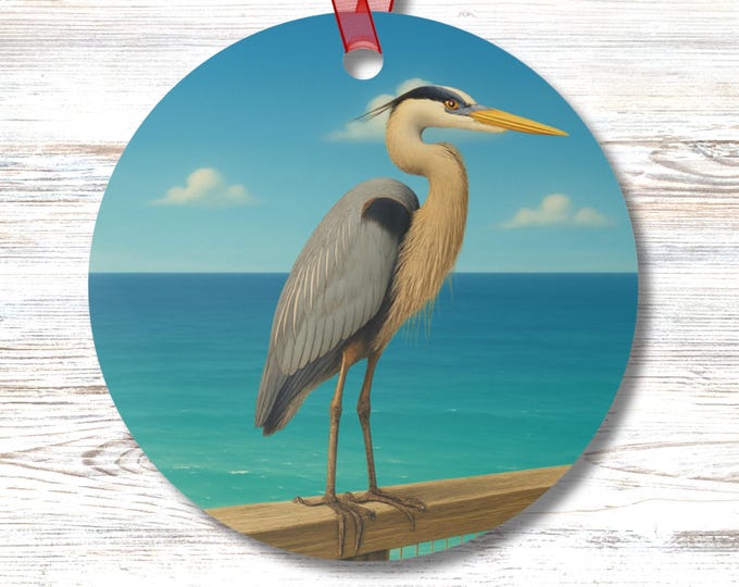 Blue Heron Ornament Coastal Wildlife Decor Fred the Heron from Navarre Round Metal Ocean Bird Ornament Beach Nature Gift Idea
