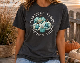 Coastal Fall T Shirt with Sea Life Pumpkins Beach Autumn Graphic Tee