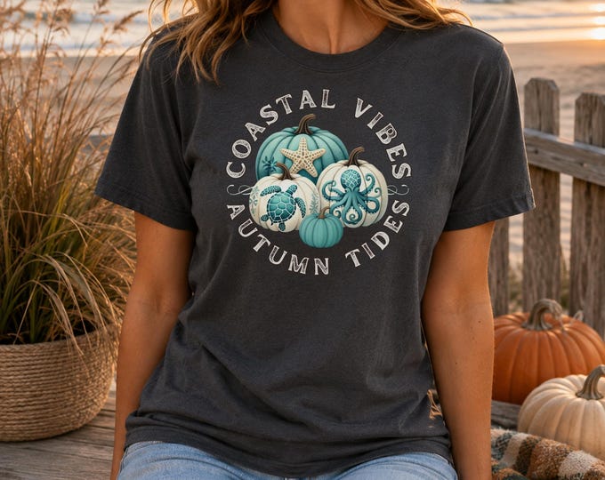 Coastal Fall T Shirt with Sea Life Pumpkins Beach Autumn Graphic Tee