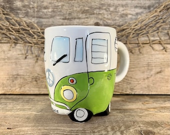 Whimsical 12 Oz. Hand-Painted Green and White Glazed Ceramic “Peace” Hippy Bus Coffee Mug
