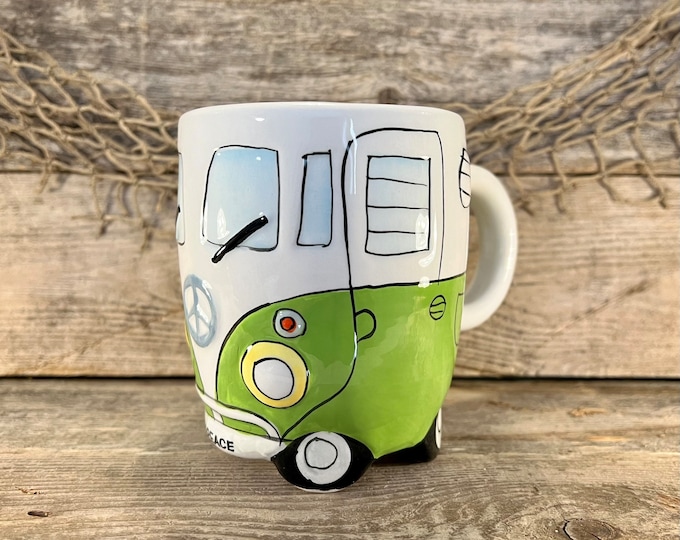 Whimsical 12 Oz. Hand-Painted Green and White Glazed Ceramic “Peace” Hippy Bus Coffee Mug