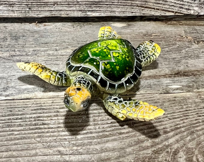 Miniature Polyresin Baby Sea Turtle with Green Watercolor Shell Figurine