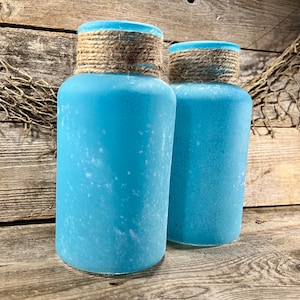 Handmade Distressed Ocean Blue Glass Vase Set with Jute