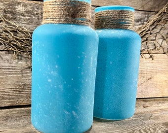 Handmade Distressed Ocean Blue Glass Vase Set with Jute