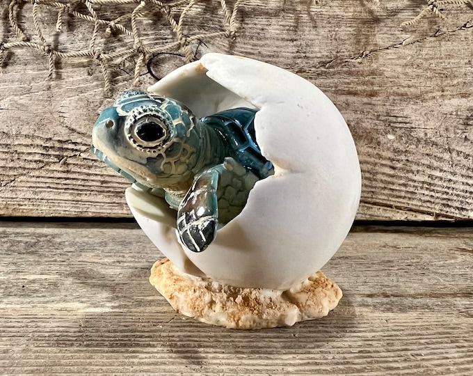 Large “Peeking” Blue Sea Turtle Hatchling Climbing From Egg Polyresin Figurine