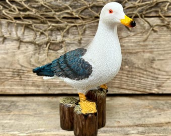 Miniature Seagull Figurine Hand Painted Coastal Bird on Pilings Tabletop Decor Nautical Shelf Accent Beach House Mini Statue Gift Idea