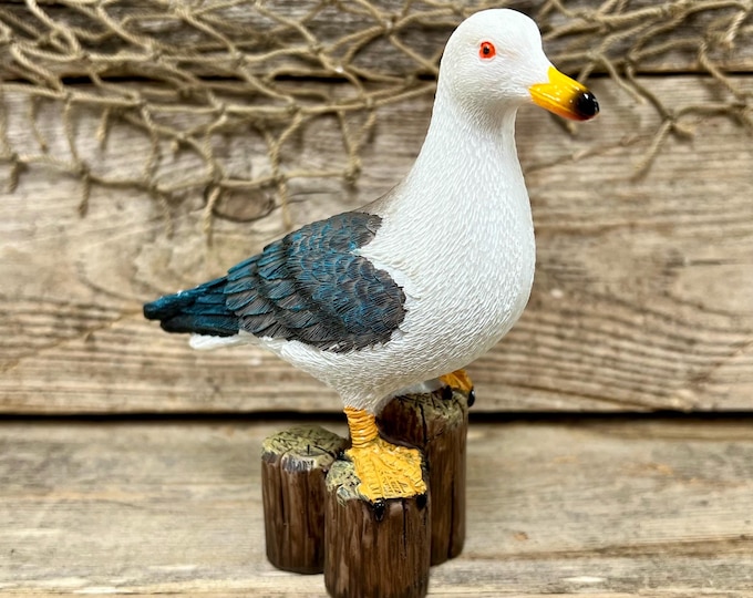 Miniature Seagull Figurine Hand Painted Coastal Bird on Pilings Tabletop Decor Nautical Shelf Accent Beach House Mini Statue Gift Idea