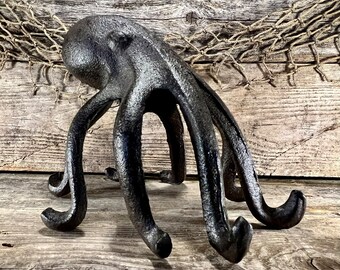 Rustic Cast Iron Standing Octopus Statue