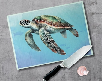 Sea Turtle Cutting Board: Tempered Glass Ocean Art, Coastal Kitchen Decor