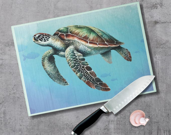 Green Sea Turtle Cutting Board Textured Glass Ocean Kitchen Art Gift Beach House Decor Turtle Lover Housewarming Coastal Gift Beach Lover