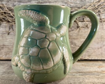 Extra Large Green Sea Turtle 20 Oz. Porcelain Coffee Mug with Raised Distressed Turtle Design for Coffee Tea Hot Cocoa