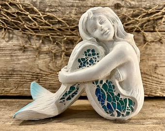 Beach-Inspired Sitting Mermaid Figurine Statuette Handcrafted Wood-Look Plaster with Mosaic Tail Accent Gift for Ocean Lovers