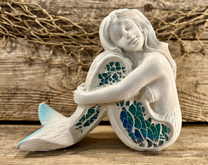 Beach-Inspired Sitting Mermaid Figurine Statuette Handcrafted Wood-Look Plaster with Mosaic Tail Accent Gift for Ocean Lovers