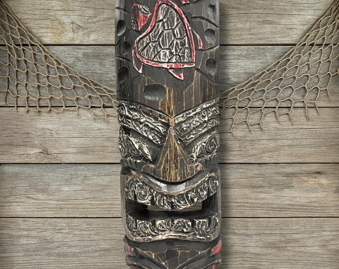 Tiki Mask Sea Turtle Honu Design Primitive Wooden Tribal Wall Art Hand Painted Coastal Island Bar Beach House Decoration