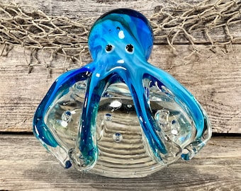 Handblown Blue and Green Swirl Octopus Gripping Crystal Clear Glass Orb