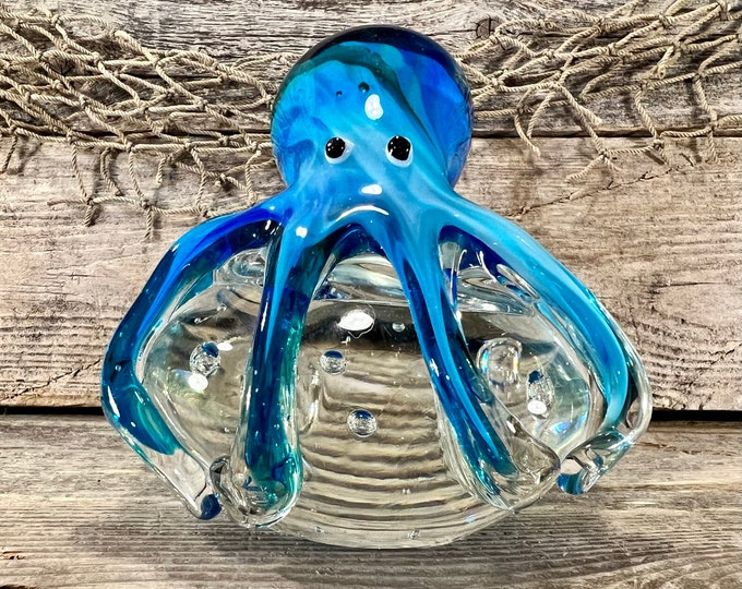 Handblown Blue and Green Swirl Octopus Gripping Crystal Clear Glass Orb