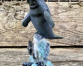 Florida Manatee Figurine Miniature Resin Statue on Sparkling Rock Coastal River Decor for Beach House or Manatee Lover Gift