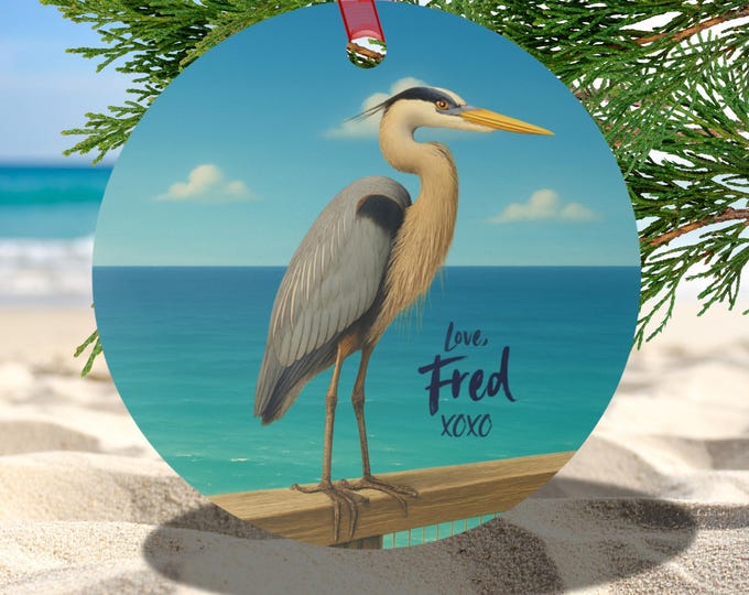 Navarre Pier Heron Ornament Love Fred XOXO | Coastal Beach Ornament | Funny Florida Gift for Locals