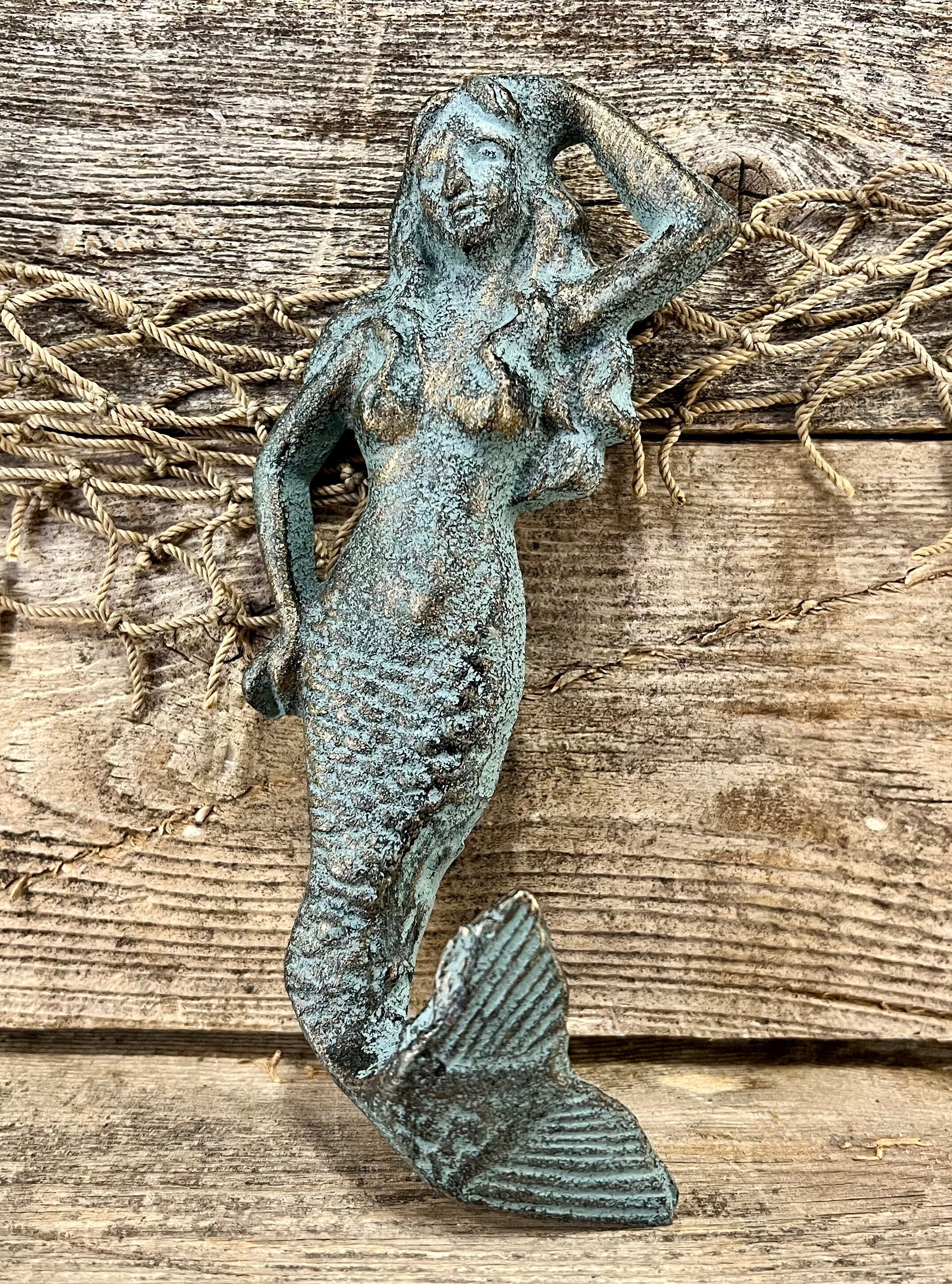 Cast Iron Sculpturally Detailed Verdigris Patina Mermaid Bath Hall Wall Hook 