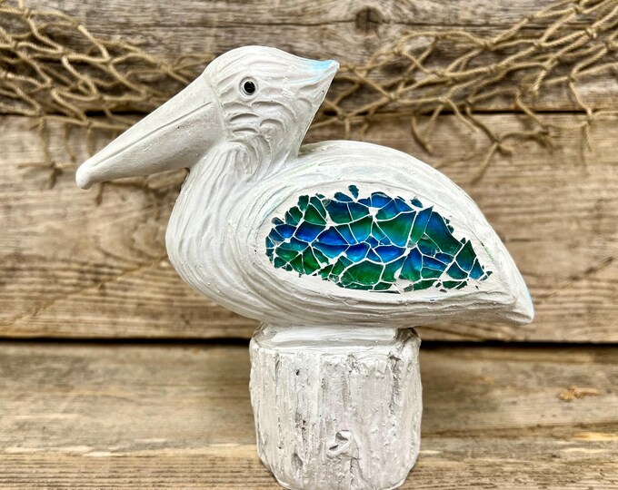Crushed Glass Mosaic Pelican Figurine Coastal Nautical Bird Statue White Plaster Beach House Decor Shelf Accent on Dock Post