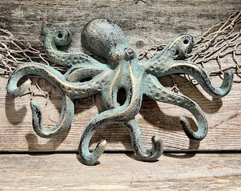 Large Patinated Bronze Finish Cast Iron 6-Prong Octopus Wall Hook