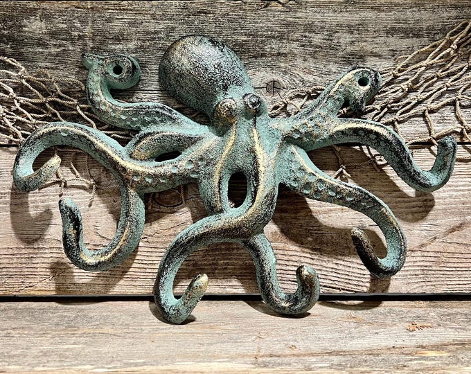 Large Patinated Bronze Finish Cast Iron 6-Prong Octopus Wall Hook