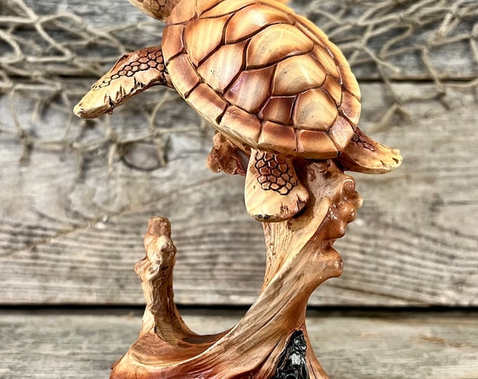 Resin Wood-Look Sea Turtle On Driftwood Tabletop Statuette