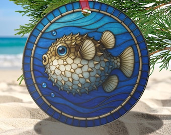 Puffer Fish Suncatcher-Inspired Round Ornament Coastal Sea Life Ocean Blue Design